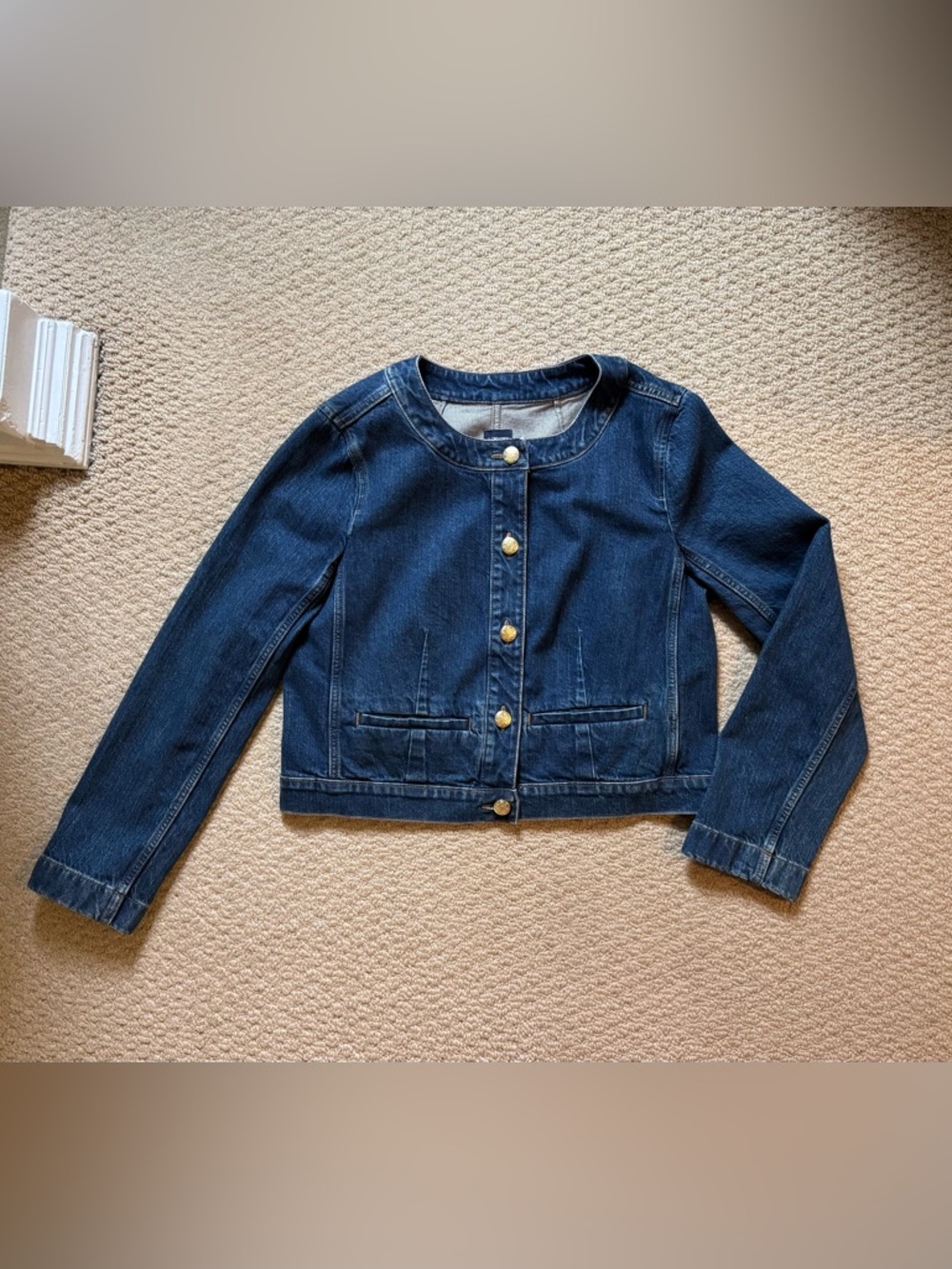 J.Crew factory denim Lady jacket, collarless jacket with gold buttons small 6